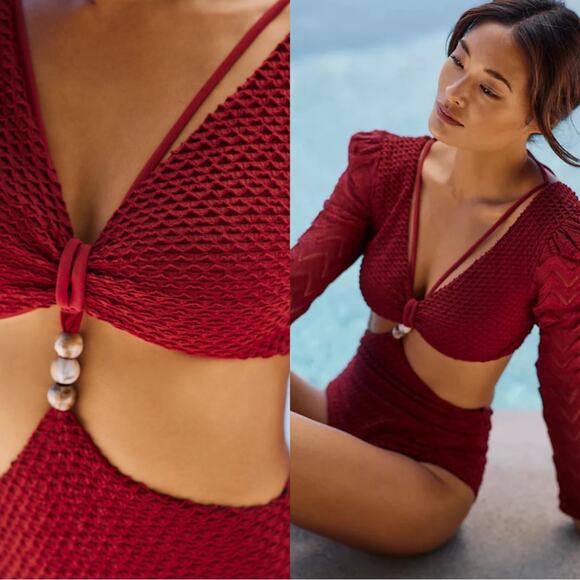 Patbo Bordeaux Textured Lycra Cutout Body Suit Long Sleeve Swim Suit Size XS - Picture 2 of 8